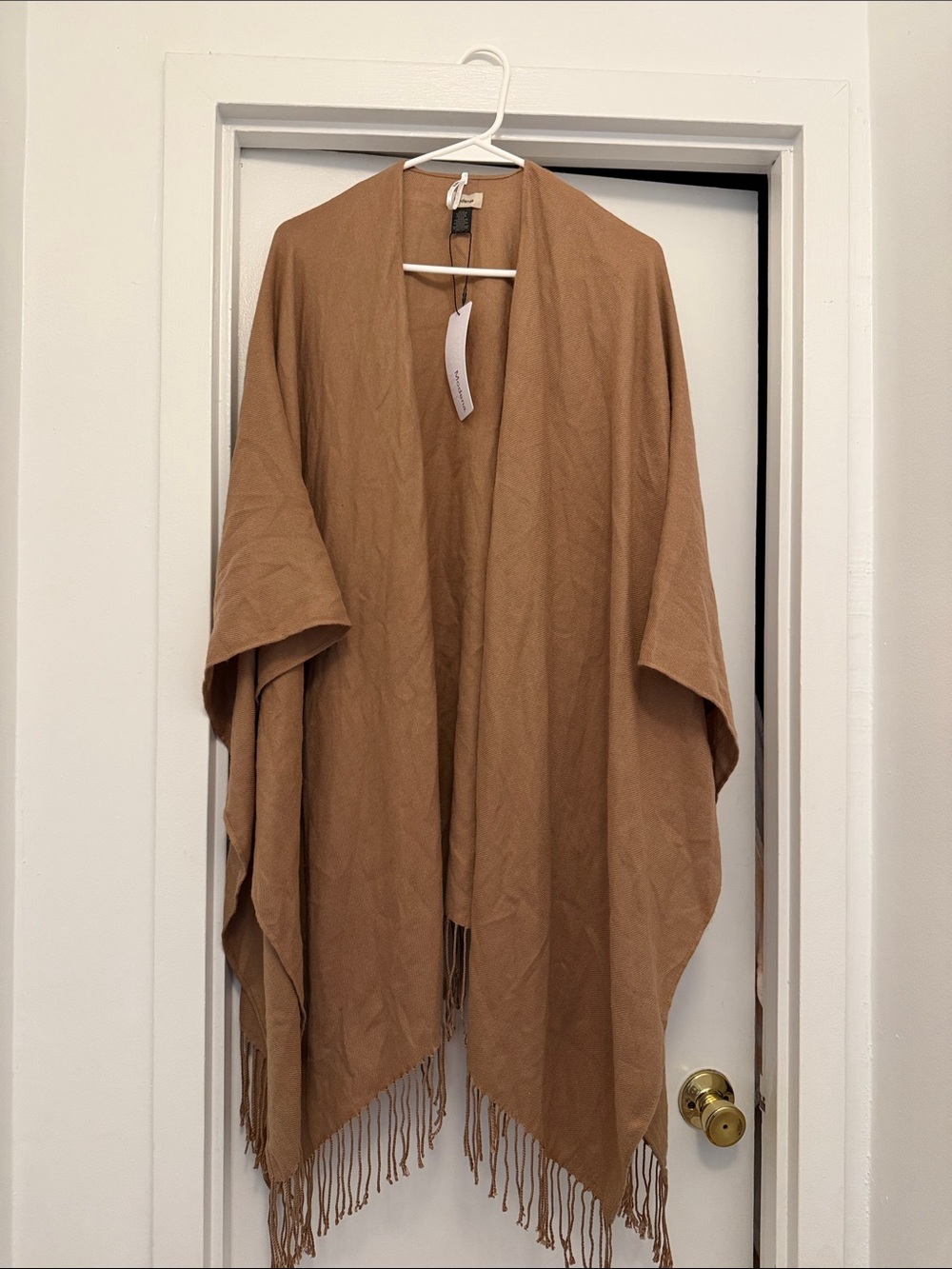 Fringed Open-Front Wrap Cape in Camel